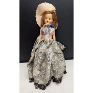 7" Vintage Hard Plastic jointed 1950s Doll In Blue Pink Satin Dress